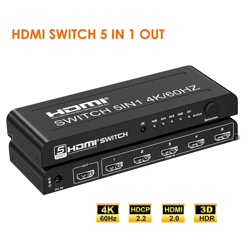 5-Way Hdmi Switch 4K@60Hz Hdcp 2.2, 3D, 1080P, W/Remote Control 1