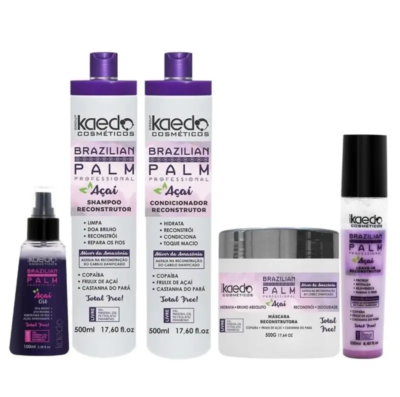 Brazilian Palm Reconstruction Silkiness Brightness Treatment Kit 5 Itens - Kaedo 1