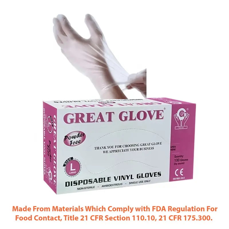 Great Glove Clear Vinyl Powder-Free Gloves 100/Bx 10-Boxes /Case 1000Pcs 1
