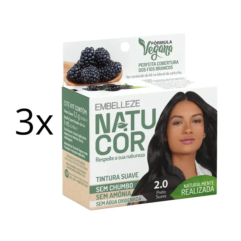 Lot Of 3 Natucor Hair Dye Shade 2.0 Soft Black Color Toning 12G Embelleze 1