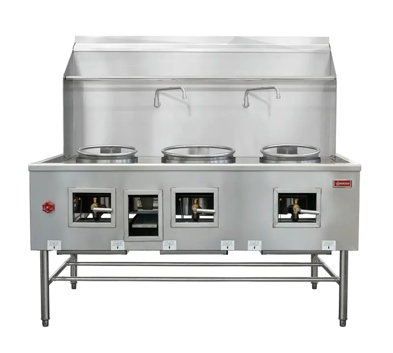 Omcan Three Chamber Wok Range With Two 13″ Ring & One 16″ Ring, Backsplash, Faucet, 315,000 Btu – Natural Gas 48409 1
