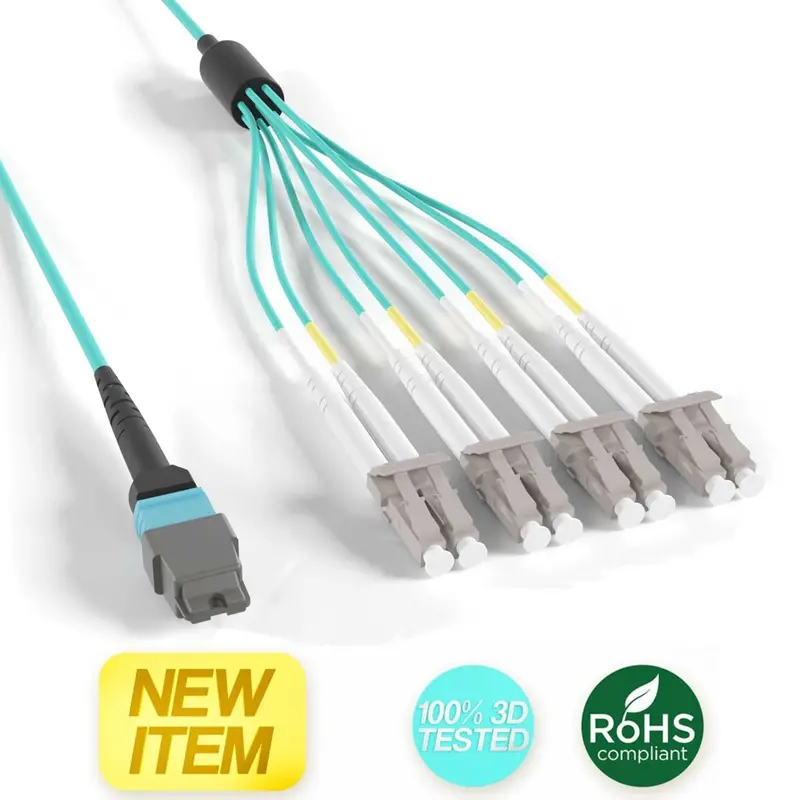 Plenum Rated Om4 Mtp Female To Lc/Upcx4 Duplex Multi-Mode 50/125 8 Fibers Breakout Cable Type B, Aqua 1