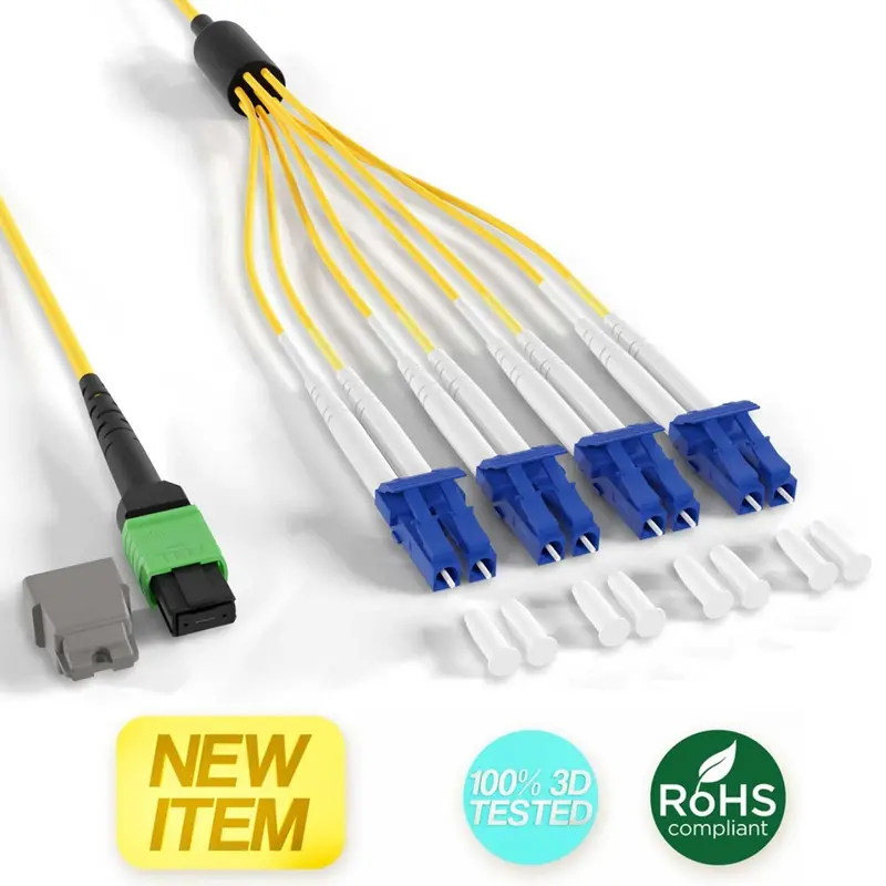 Plenum Rated Os2 Mtp/Apc Female To Lc/Upcx4 Duplex Singlemode 9/125 8 Fibers Breakout Cable Type B, Yellow 1