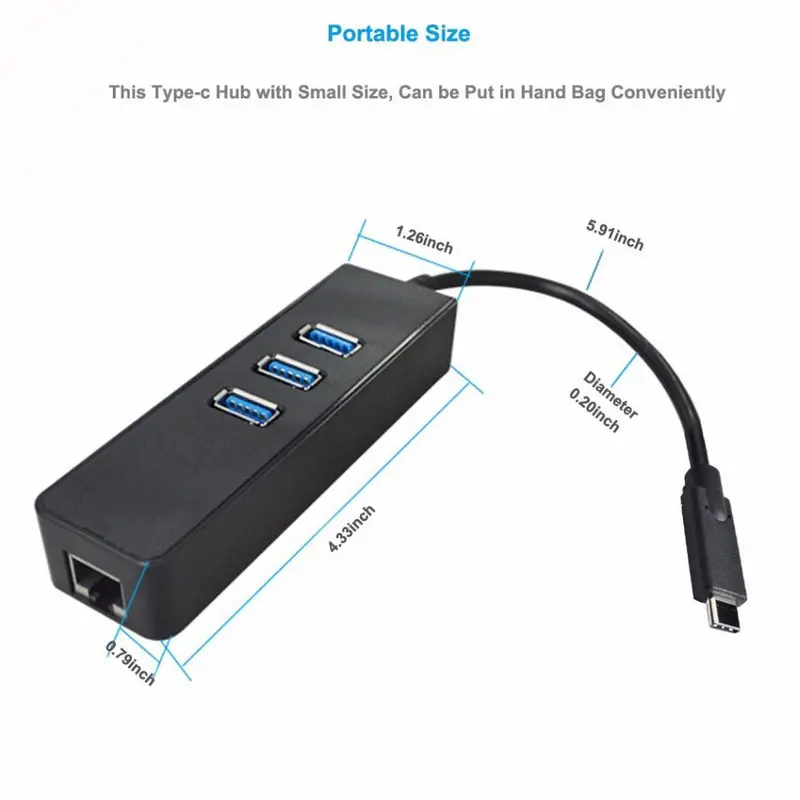 Usb Type C 3.1 G1 3-Port Hub With Gigabit (10/100/1000Mbps) Ethernet Adapter 1