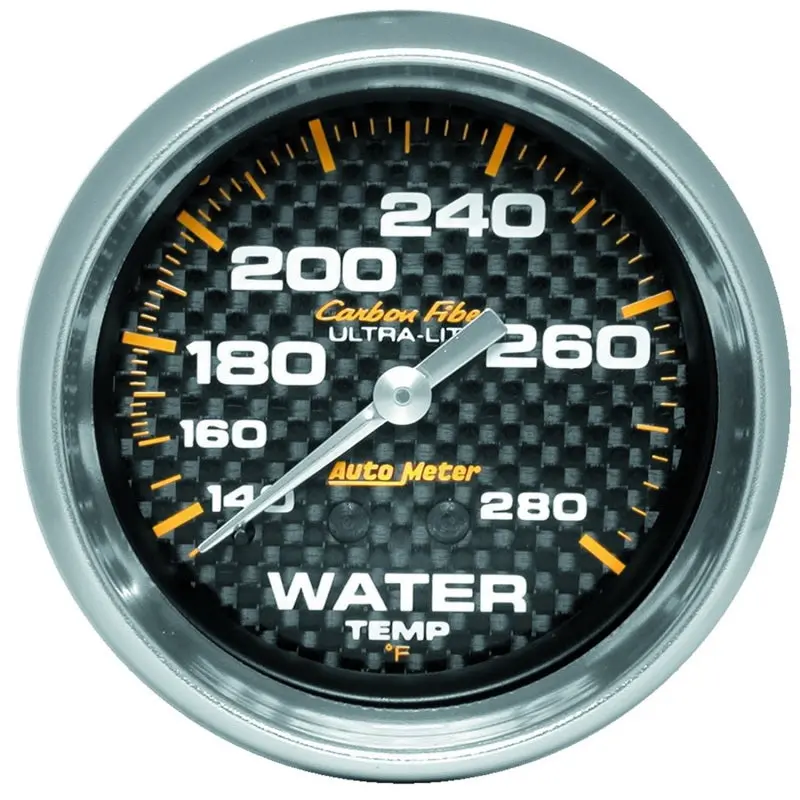 Autometer Mechanical Water Temperature Gauge – 2-5/8" Dial, 140–280°F Range, Carbon Fiber Face 1