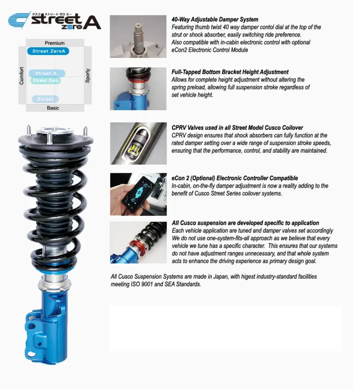 Cusco Street Zero-A Coilover Kit For Mitsubishi Lancer Evolution V/Vi (Cp9A) — 40-Way Rebound Adjustment, Front Pillowball / Rear Rubber Mounts 1